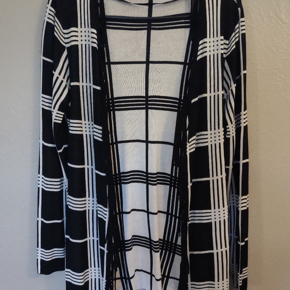 Fontana Black & White Plaid Open Cardigan Sweater with Fringe - Women's Size Med - Picture 5 of 11